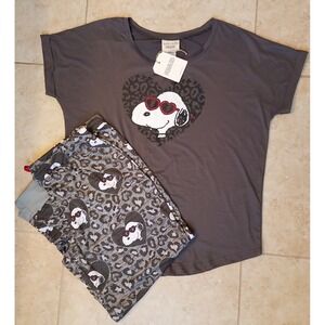 Munki Munki Peanuts Snoopy Women Soft Pajama Set Valentines 2pc Gray Red 1X NEW